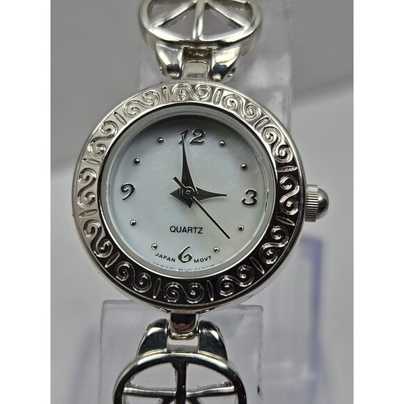 Avon Green Cabochon Oval Link Bracelet Watch Silver Tone Quartz New Battery